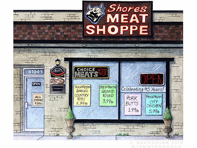 Shores Meat Shoppe - Custom Storefront Illustration business hand drawn illustration painting realism storefront watercolor