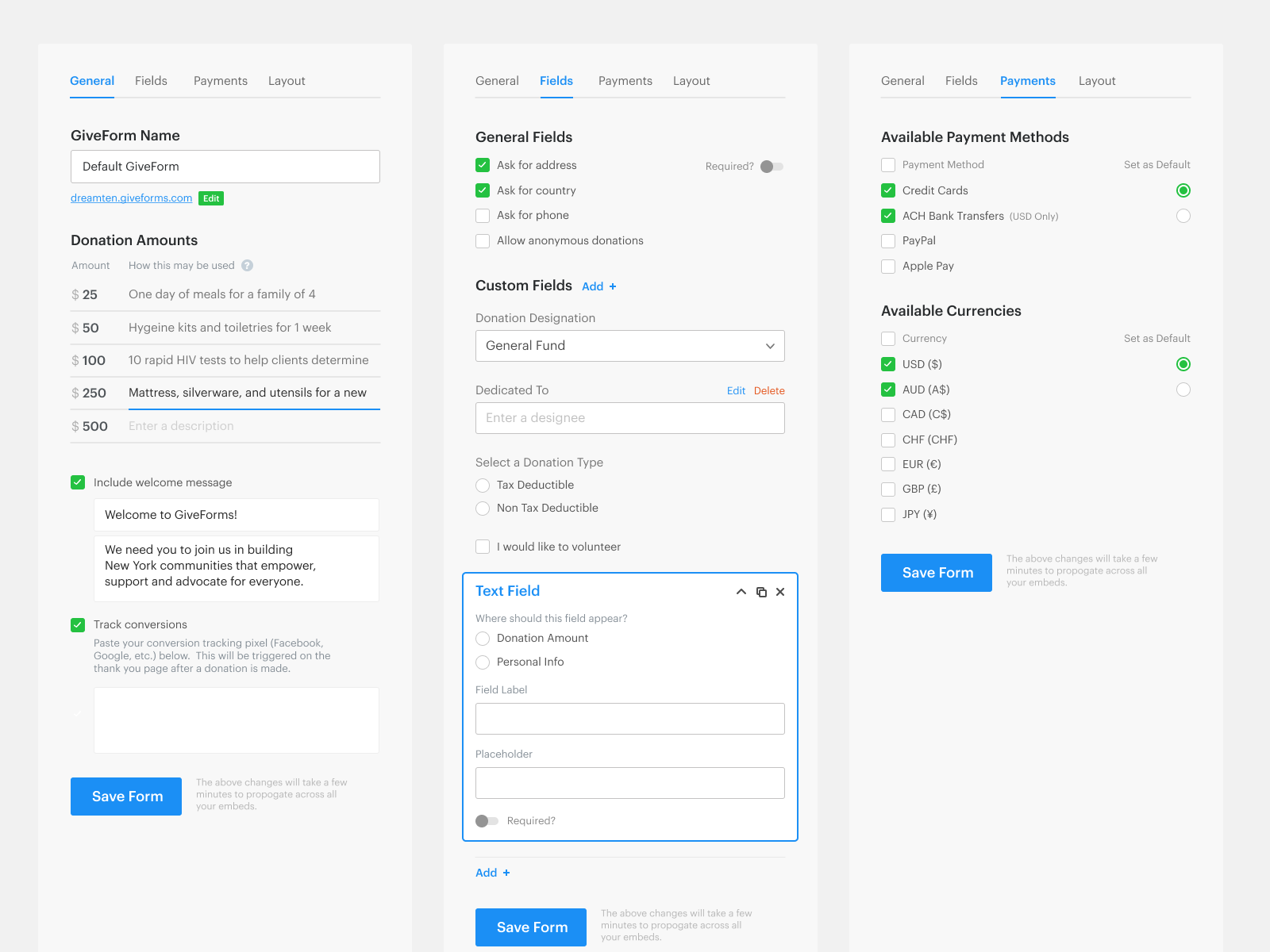 Example of Updated GiveForms Sidebar
