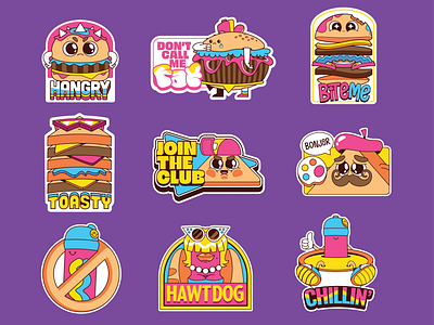 Munchy Buns Stickers 2d art branding burger club sandwich cute design food graphic design hot dog illustration junk food logo restaurant stickers toast vector