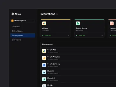 Integrations dashboard ai analytics app artificial intelligence b2b cards clean dark dark mode dashboard data design integration list minimal modern saas table ui ux
