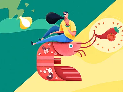 复古小龙虾shrimp crayfish design girl illustration pk qianjiang shrimp summer wuhan