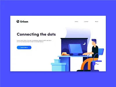 Illustration #3 blue clean computer desk flat grain illustration landing man night office page popup sitting table ui ux web white work