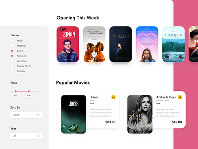 A Movie Explorer app card checkbox clean dashboard design e commerce film filter imdb joker minimal movie movie card range slider shop sidebar typography ui ux