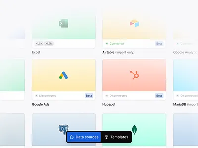 Data source selector 3rd party ai app artificial intelligence b2b cards clean colorful data data source design integration light mode logo minimal modern saas selector ui ux