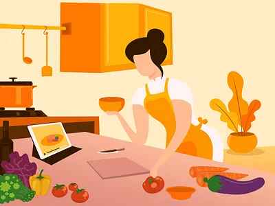 Woman is Cooking artist branding character cooking design digital flat design fruits girl illustration ipad pro kitchen pose ui ux vector web web illustration website woman
