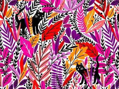 Exotic pattern with black cat autumn bloom blossom cat design exotic floral flower illustration leaf leaves nature pattern pink rainforest seamless spring summer textile vector