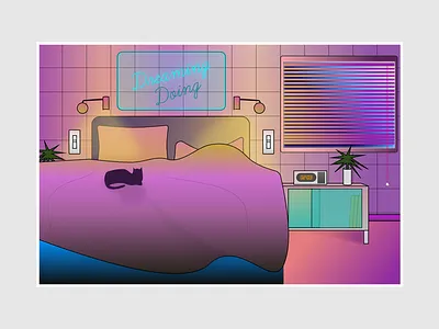 Dreaming/Doing 80s bedroom bedtime cat doing dreaming editorial illustration miami vice night nighttime purple retrofuturism sleep uv