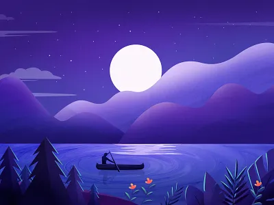 Landscape Illustration boat color flower illustration landscape moon mountain stars travel tree