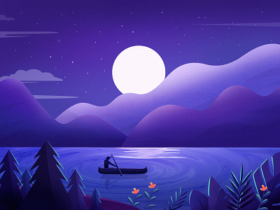 Landscape Illustration boat color flower illustration landscape moon mountain stars travel tree