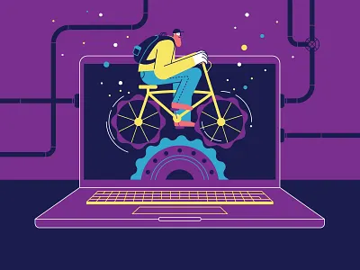 Back To School backpack beard bicycle digital engine flat flatdesign funny illustration laptop line man purple ride school student tubes vector