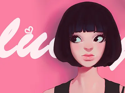 Lovely girl animation beautiful beauty black hair brief strokes cartoon character illustration colorful cute art girl hand painting lady lovely purple hair red 女孩 设计