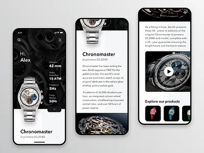 Zenith watches mobile app black branding clean colors concept dark ui design designsystem elements interface minimal mobile mobile app mobile design product design ui ui ux ux watch white