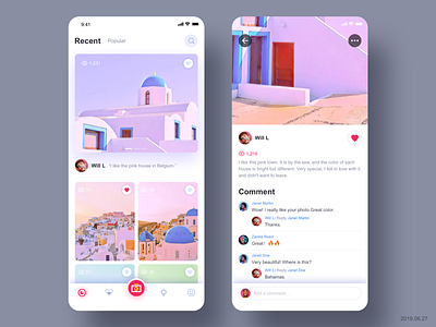 Photo app practice2 album app camera camera app card color comments like list photo photos pink purple red redesign sketch ui ui ux ui design vector