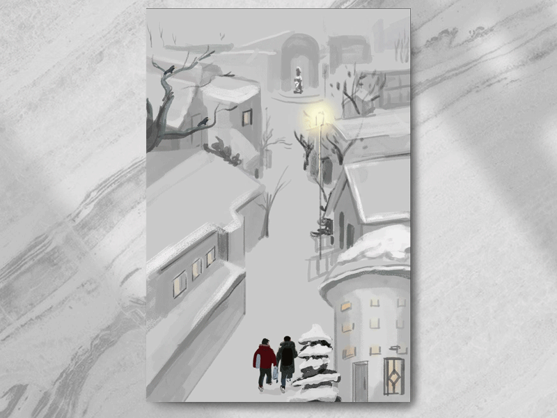 Hokkaido Animation animation illustration lamplight snowflake two little boys whitespace