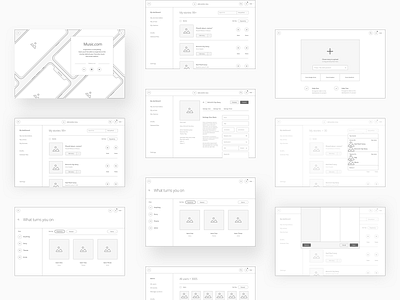 Music.com - LO/FI Wireframes architecture figma information architecture lo fi lo fi wireframes low fidelity music music app music.com pharrell social app story themes tonik ux design ux ui wireframes