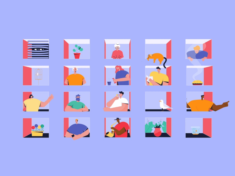 Neighbours cage cake cat city family fish goldfish granny houding man modular neighborhood plant reading saxophone seagull urban wave windows woman