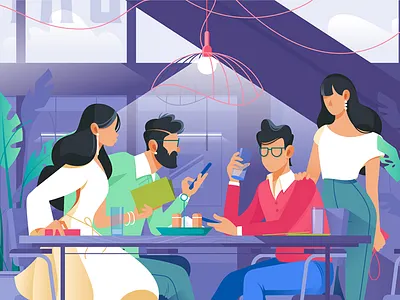 Friends in cafe beverage cafe coffee company flat furniture illustration kit8 purchases vector young