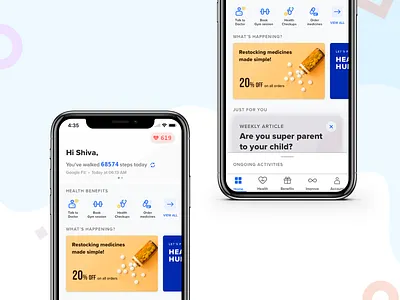 Redesigning Mobile Dashboard cards dashboard cards health benefits health score hra marketing marketing section mobile dashboard ongoing activites product details product page sections steps