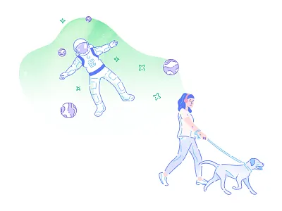 Castro - Illustration astronaut brand branding charachter design charachters daydream design digital products dog dream green illustration illustrations pastel colors walking z1