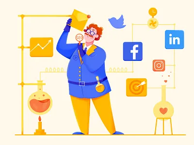 Marketing bottle character chemistry expert genius illustration like love mad mail man market marketing media old people science scientist seo social