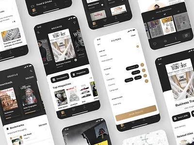 PressReader app app app design black bookmarks brown browse catalog categories dark theme design filter magazine news newspaper profile reader reader app ui uiux