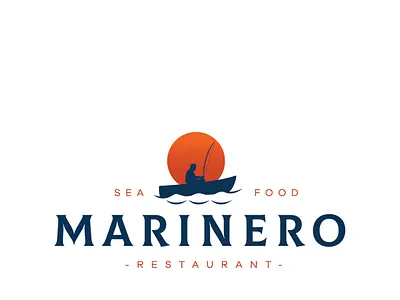 Sea Food Restaurant blue boat branding design fisherman food graphic art graphic design illustration logo logo design orange restaurant sea sun typography white