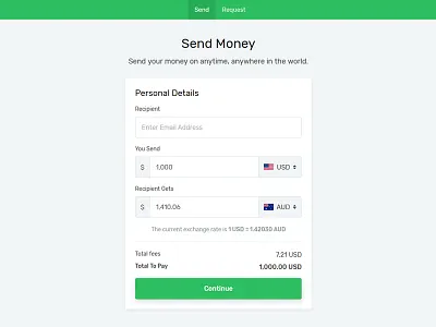 Send Money Page clean concept currency design details exchange rate landing page layout money transfer online payment page payment send send money sending template ui ux web website