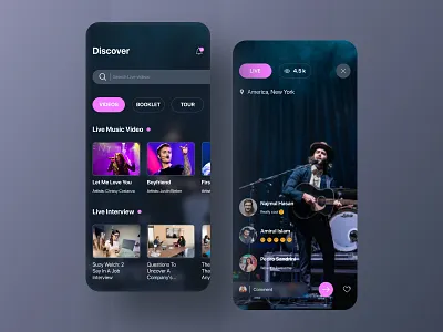 Live Video Sharing analytics android app app concept app ui design dark app dark ui dashboard ui gradient home screen ios app ios app design live video app live video sharing typography ux video app video sharing app website