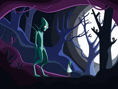 Fairy tale art cartoon cave design fairytale flat girl illustration illustrator magic monster moon nature night pink vector
