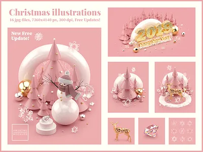 Rose Gold Christmas 3D illustrations 3d 3d art 3d illustration c4d christmas cinema 4d cinema4d creative market deer discount illustrations living coral livingcoral octane octanerender rose gold sale snowman