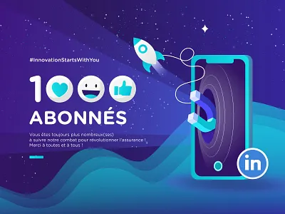 1000 Linkedin followers branding cosmic design emoji flat follower galaxy illustration insurance insurtech linkedin rocket social media space ui vector wave