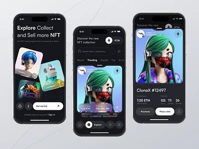 NFT Marketplace - Mobile app app app design blockchain crypto cryptocurrency ethereum marketplace mobile mobile app mobile app design mobile design mobile ui nft nft app nft design nft marketplace nft mobile nft mobile app ui uiux