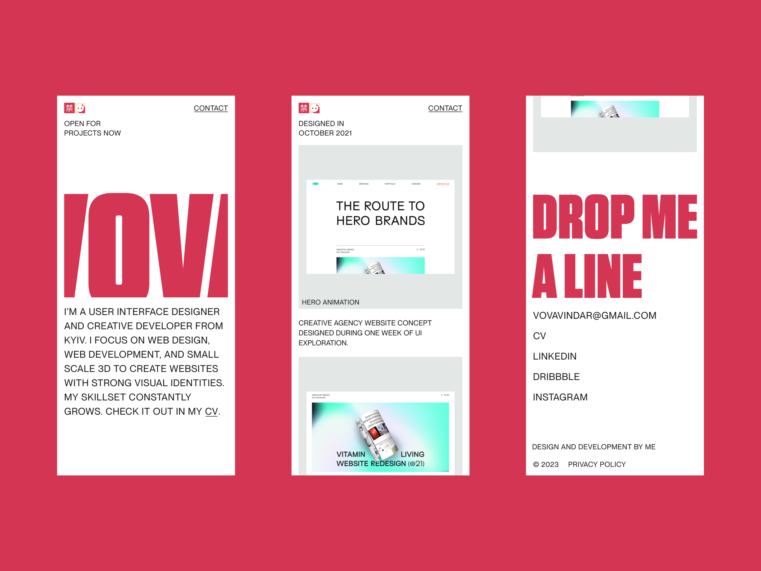 Portfolio Website composition designer developer figma grid hero homepage layout minimal neue montreal personal portfolio project red tungsten ui vindar vova web design website