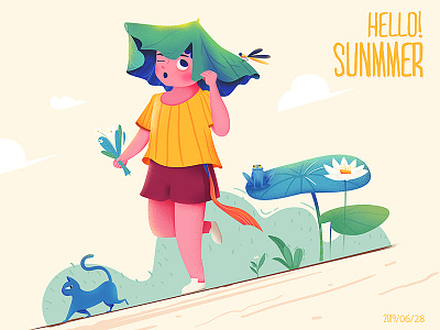 hello summer cat illustration little boy noise point smile
