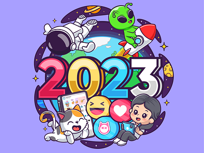 Welcome 2023!🎉 2023 alien animals astronaut calendar calendar 2023 cat character cute earth globe holiday icon illustration logo new year new year 2023 party rocket space