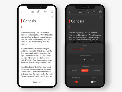 Bible Reader app bible book dark mode design ebook light mode reader settings ui