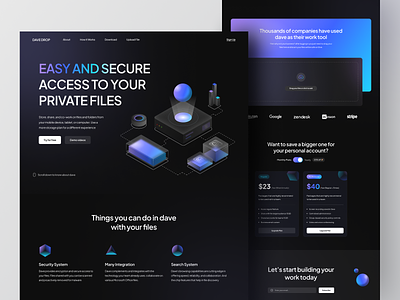 Dave - File Save Solution Landing Page cloud dark blue dark mode document file file cloud file manager folder illustration isometric isometry landing page landingpage marketing upload web website