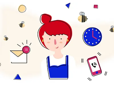 1/3 Design Sprint series. bees busy calls character characterdesign client communication design sprint email girl illustration smartphone time vector woman work