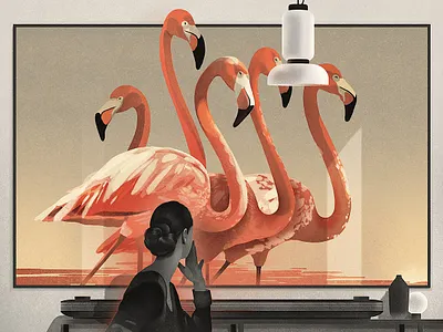 TV birds conceptual digital flamingos folioart illustration karolis strautniekas nature texture tv wildlife