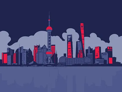 Shanghai blue buildings china city cityscape clouds future futuristic illustration line lineart magenta monoline pink purple vibrant