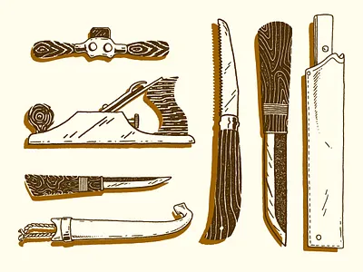 Woodworking Hand Tools 2d bushcraft drawing hand drawn hand tool illustration knife line art objects pen and ink puukko tools vintage woodworking