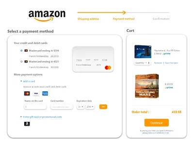 Amazon Checkout amazon american express checkout creditcard design games mastercard orange ps4 ui visa