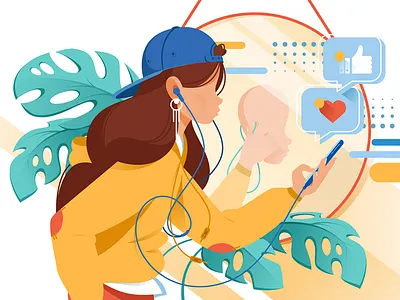 Woman with mobile phone device equipment flat future illustration interface kit8 reality vector view virtual