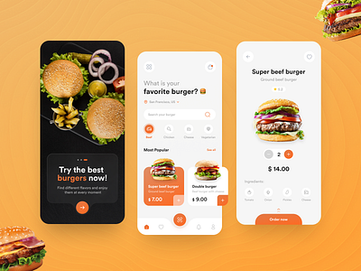 Burger - Delivery App 🍔🍟 app burguer cards checkout customize deliveryfood ecommerce food gradient hamburguer home mobile navbar onboarding order productdesign trends2023 ui uitrends uiux