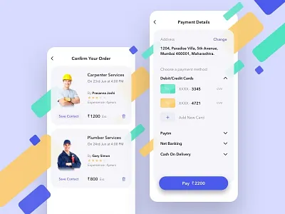 Utilities App - Order Confirmation & Payment app app design cards clean color design ecommerce app flat layout order confirmation payment ui ux white