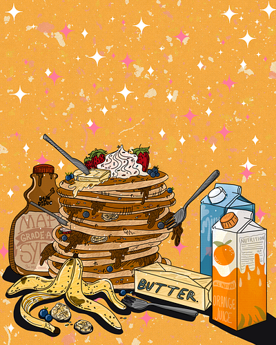 A Feast For A King 🥞🧈🍴 animation branding clouds design food food design food illustration graphic design icon illustration illustrator logo nature photoshop procreate space stars typography vector