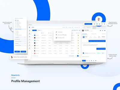 Acquire Profile Management (CRM) acquire.io cobrowsing crm crm ui ux data analytics data visualization google inapp messaging intercom live chat profile card profile management profiles profiles ui screen share