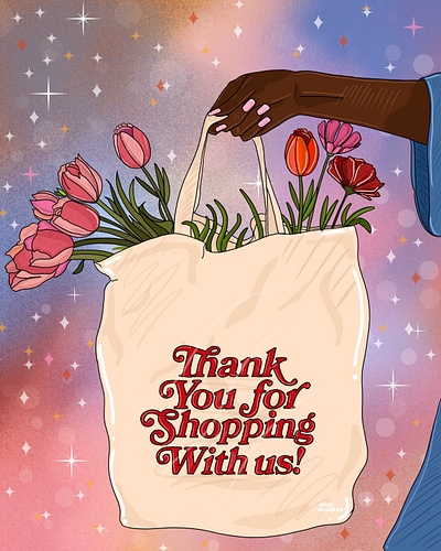 THANK YOU FOR SHOPPING WITH US animation branding clouds design flowers graphic design illustration illustrator logo nature procreate space stars typography vector