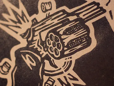 'nem posse nem porte' - woodcut detail black broken bullet firearm ink jammed printmaking prohibition revolver western woodcut