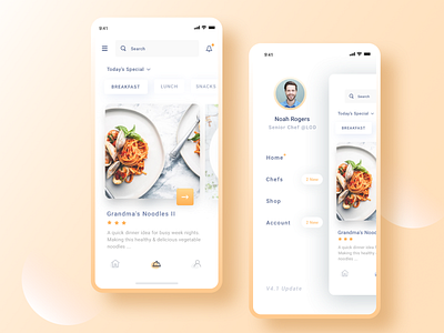 Recipes App account bar breakfast chef chefs dinner eat food home ingredients lunch menu navigation orange plate profile receipes recipe search shop